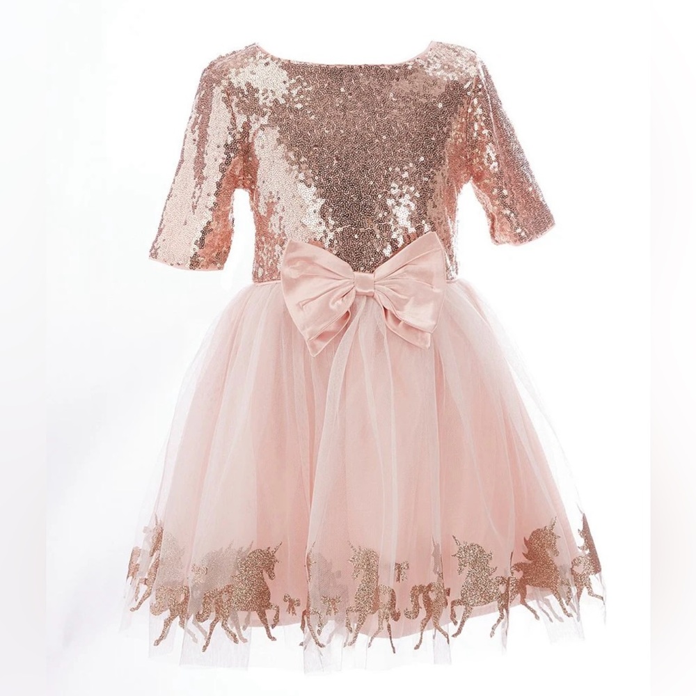 EUC Zunie Short-Sleeve Sequin And Foiled Unicorn Border-Hem Fit-And-Flare Dress